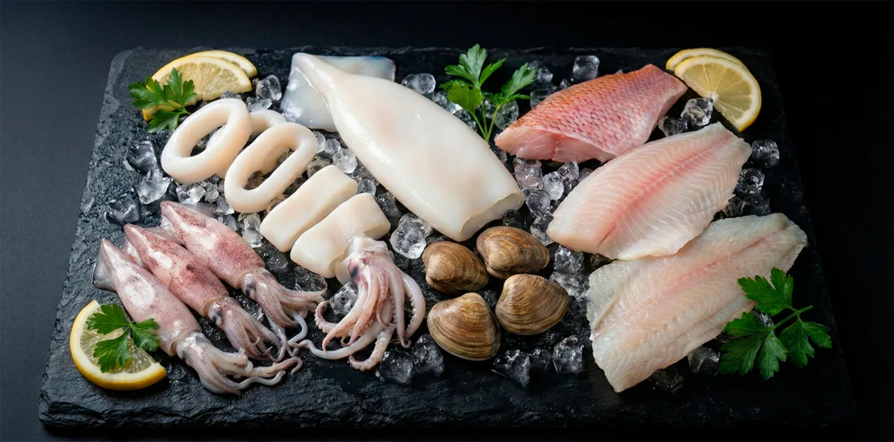 Bodegón premium de pescado y marisco: calamar, puntilla, sepia, tubo, bacalao, limanda y gallineta